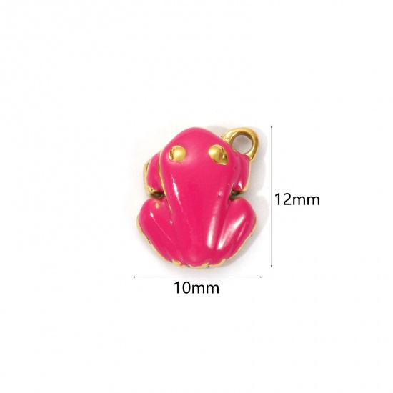 Bild von 1 Piece Eco-friendly PVD Vacuum Plating 304 Stainless Steel Charms 18K Real Gold Plated Fuchsia Enamel Frog Animal 3D 12mm x 10mm
