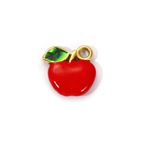 Image de 1 Piece Eco-friendly PVD Vacuum Plating 304 Stainless Steel Charms 18K Real Gold Plated Red Enamel Apple Fruit Double Sided 15mm x 15mm