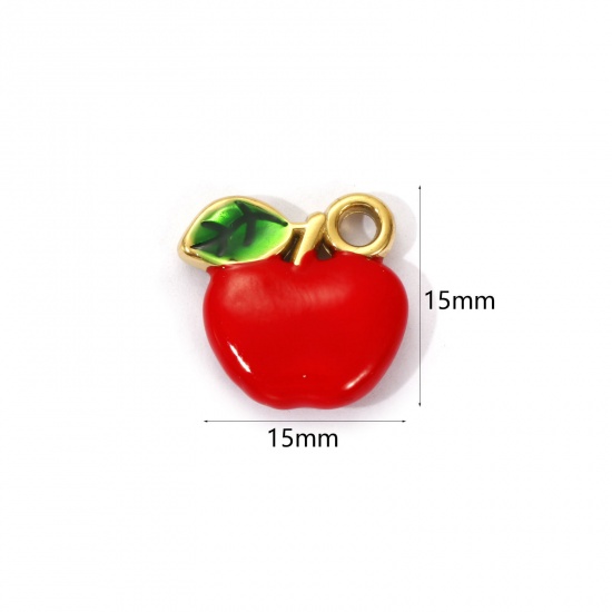 Image de 1 Piece Eco-friendly PVD Vacuum Plating 304 Stainless Steel Charms 18K Real Gold Plated Red Enamel Apple Fruit Double Sided 15mm x 15mm