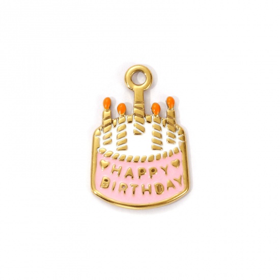 Image de 1 Piece Eco-friendly PVD Vacuum Plating 304 Stainless Steel Charms 18K Real Gold Plated Pink Enamel Cake Candle Message " HAPPY BIRTHDAY " 22.5mm x 15mm