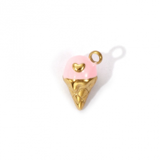 Image de 1 Piece Eco-friendly PVD Vacuum Plating 304 Stainless Steel Charms 18K Real Gold Plated Pink Enamel Ice Cream Heart 3D 11mm x 7mm