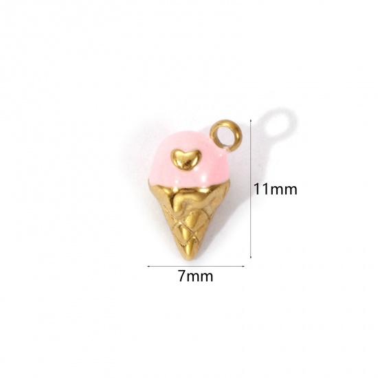 Image de 1 Piece Eco-friendly PVD Vacuum Plating 304 Stainless Steel Charms 18K Real Gold Plated Pink Enamel Ice Cream Heart 3D 11mm x 7mm