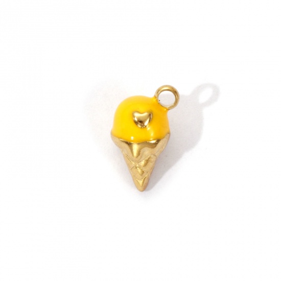 Image de 1 Piece Eco-friendly PVD Vacuum Plating 304 Stainless Steel Charms 18K Real Gold Plated Yellow Enamel Ice Cream Heart 3D 11mm x 7mm
