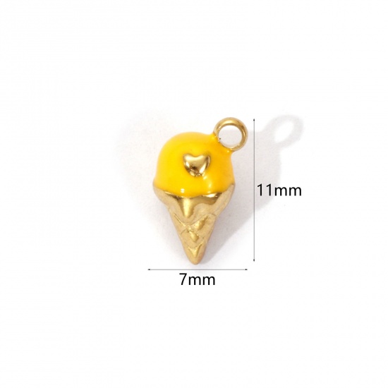Image de 1 Piece Eco-friendly PVD Vacuum Plating 304 Stainless Steel Charms 18K Real Gold Plated Yellow Enamel Ice Cream Heart 3D 11mm x 7mm