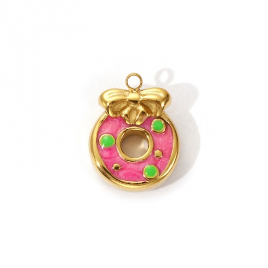 Image de 1 Piece Eco-friendly PVD Vacuum Plating 304 Stainless Steel Charms 18K Real Gold Plated Pink Enamel Donut Bowknot 16mm x 12.5mm