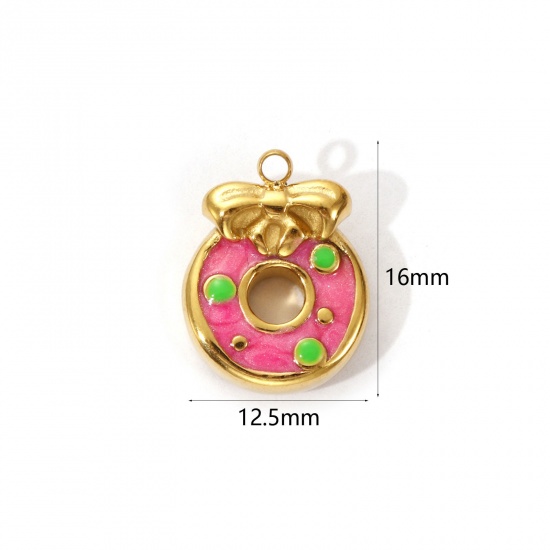 Image de 1 Piece Eco-friendly PVD Vacuum Plating 304 Stainless Steel Charms 18K Real Gold Plated Pink Enamel Donut Bowknot 16mm x 12.5mm