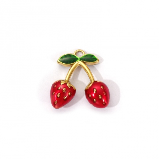 Image de 1 Piece Eco-friendly PVD Vacuum Plating 304 Stainless Steel Charms 18K Real Gold Plated Red Enamel Strawberry Fruit 3D 17mm x 16mm