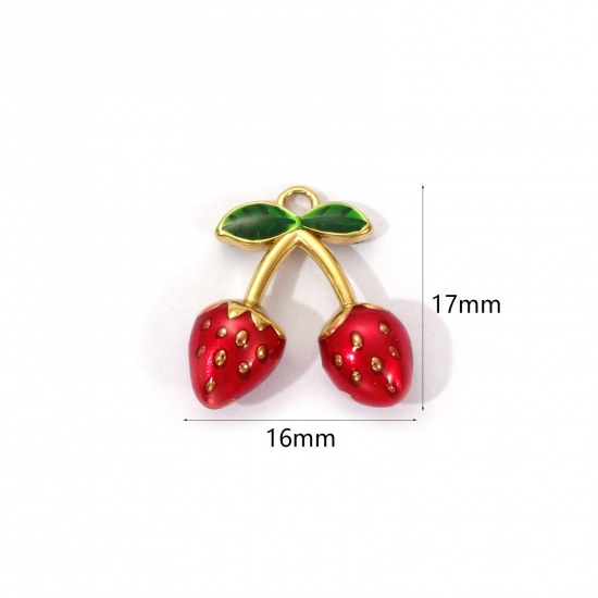 Image de 1 Piece Eco-friendly PVD Vacuum Plating 304 Stainless Steel Charms 18K Real Gold Plated Red Enamel Strawberry Fruit 3D 17mm x 16mm
