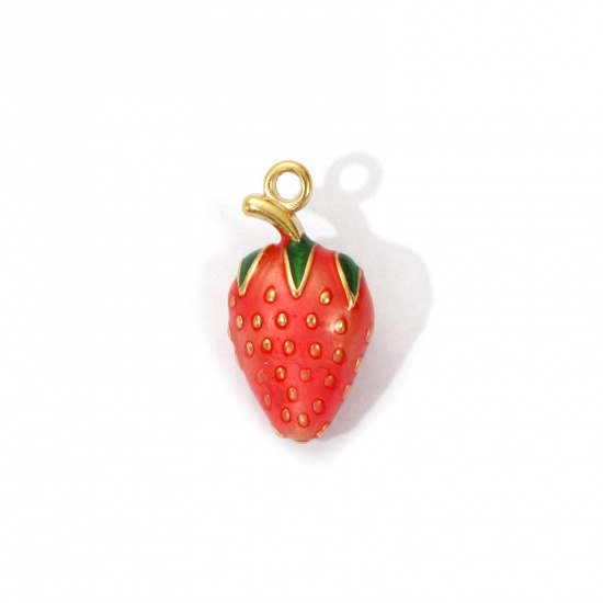Image de 1 Piece Eco-friendly PVD Vacuum Plating 304 Stainless Steel Charms 18K Real Gold Plated Light Salmon Enamel Strawberry Fruit 3D 19mm x 10mm