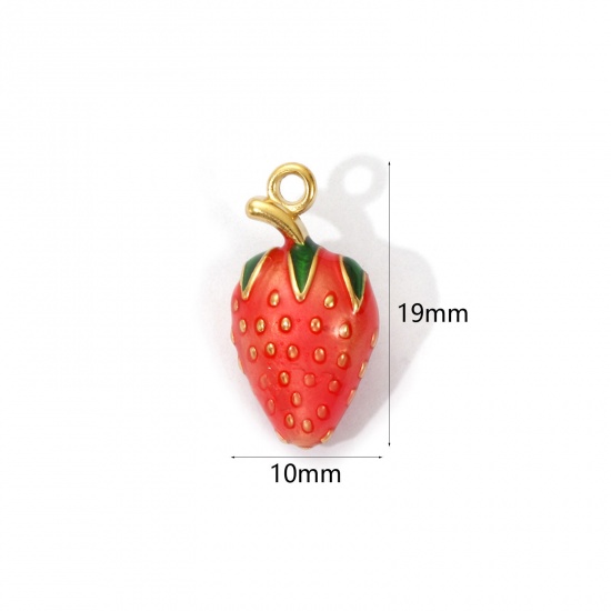 Image de 1 Piece Eco-friendly PVD Vacuum Plating 304 Stainless Steel Charms 18K Real Gold Plated Light Salmon Enamel Strawberry Fruit 3D 19mm x 10mm