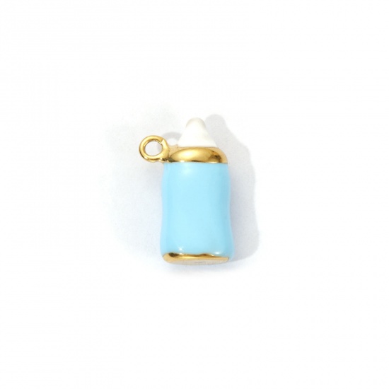 1 Piece Eco-friendly PVD Vacuum Plating 304 Stainless Steel Baby Shower Charms 18K Real Gold Plated Blue Enamel Milk Bottle 3D 15mm x 9mm の画像