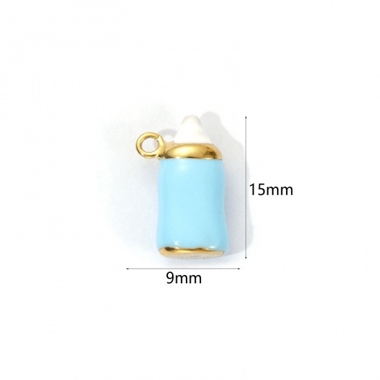 1 Piece Eco-friendly PVD Vacuum Plating 304 Stainless Steel Baby Shower Charms 18K Real Gold Plated Blue Enamel Milk Bottle 3D 15mm x 9mm の画像
