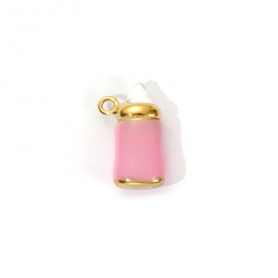 1 Piece Eco-friendly PVD Vacuum Plating 304 Stainless Steel Baby Shower Charms 18K Real Gold Plated Pink Enamel Milk Bottle 3D 15mm x 9mm の画像