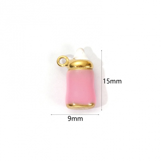 1 Piece Eco-friendly PVD Vacuum Plating 304 Stainless Steel Baby Shower Charms 18K Real Gold Plated Pink Enamel Milk Bottle 3D 15mm x 9mm の画像