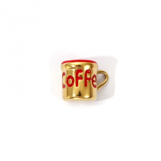 1 Piece Eco-friendly PVD Vacuum Plating 304 Stainless Steel Charms 18K Real Gold Plated Red Enamel Cup Message " COFFEE " 3D 13mm x 10mm の画像