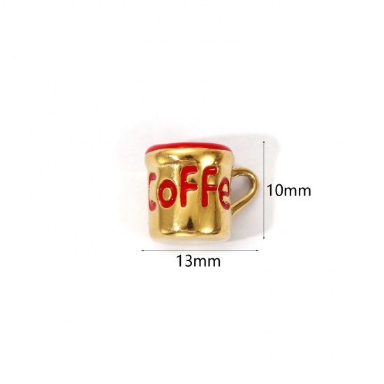 1 Piece Eco-friendly PVD Vacuum Plating 304 Stainless Steel Charms 18K Real Gold Plated Red Enamel Cup Message " COFFEE " 3D 13mm x 10mm の画像