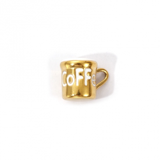 1 Piece Eco-friendly PVD Vacuum Plating 304 Stainless Steel Charms 18K Real Gold Plated White Enamel Cup Message " COFFEE " 3D 13mm x 10mm の画像