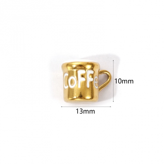 1 Piece Eco-friendly PVD Vacuum Plating 304 Stainless Steel Charms 18K Real Gold Plated White Enamel Cup Message " COFFEE " 3D 13mm x 10mm の画像