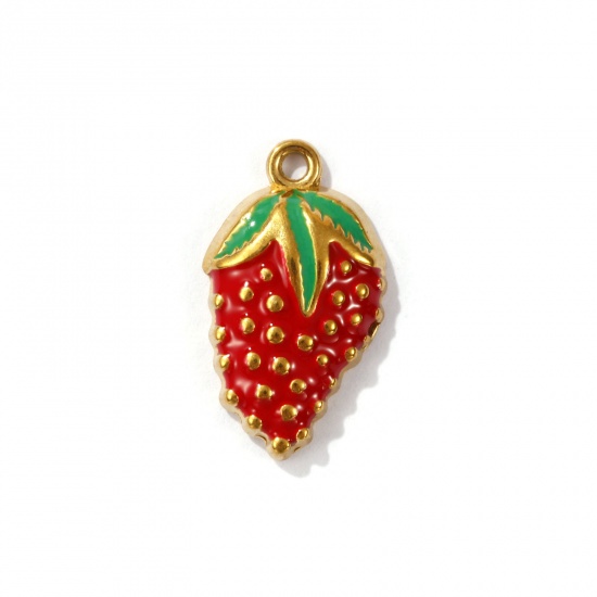 Picture of 1 Piece Eco-friendly PVD Vacuum Plating 304 Stainless Steel 3D Charms 18K Gold Plated Red & Green Strawberry Fruit Enamel 22mm x 12.5mm