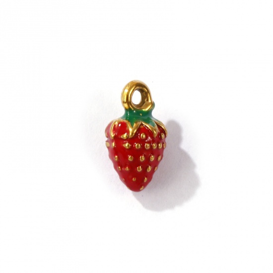 Picture of 1 Piece Eco-friendly PVD Vacuum Plating 304 Stainless Steel 3D Charms 18K Gold Plated Red Strawberry Fruit Enamel 11mm x 6mm