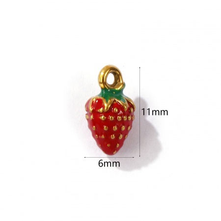Picture of 1 Piece Eco-friendly PVD Vacuum Plating 304 Stainless Steel 3D Charms 18K Gold Plated Red Strawberry Fruit Enamel 11mm x 6mm