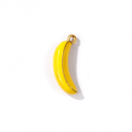 Picture of 1 Piece Eco-friendly PVD Vacuum Plating 304 Stainless Steel 3D Charms 18K Gold Plated Yellow Banana Fruit Enamel 19mm x 8mm