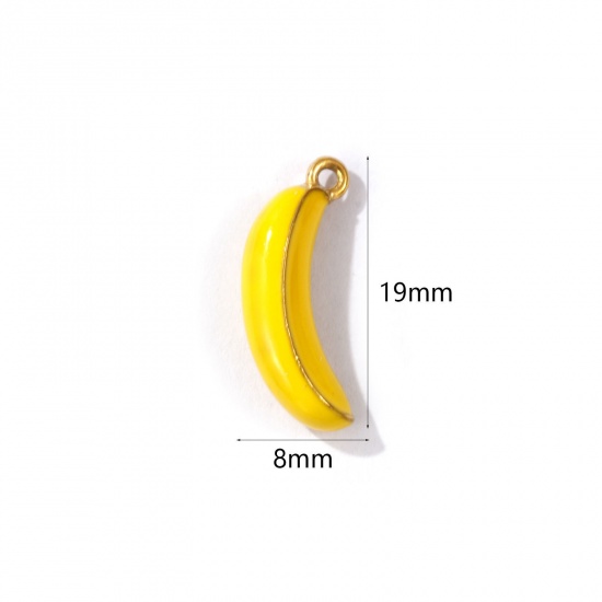 Picture of 1 Piece Eco-friendly PVD Vacuum Plating 304 Stainless Steel 3D Charms 18K Gold Plated Yellow Banana Fruit Enamel 19mm x 8mm