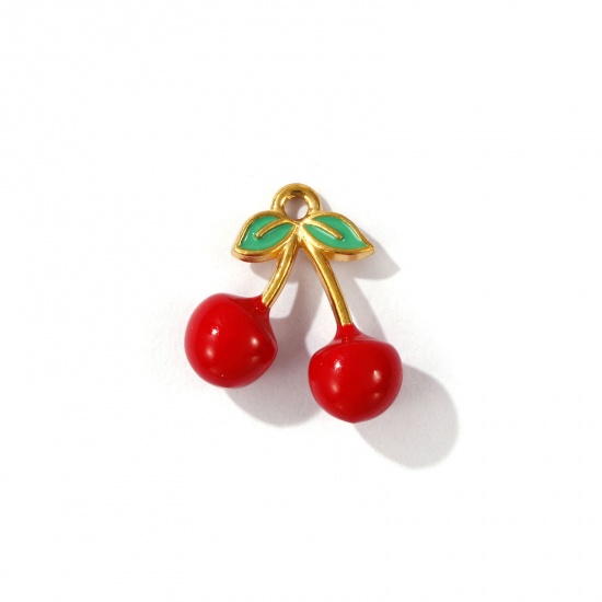 Picture of 1 Piece Eco-friendly PVD Vacuum Plating 304 Stainless Steel 3D Charms 18K Gold Plated Red Cherry Fruit Enamel 17mm x 16mm