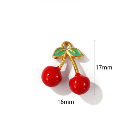 Picture of 1 Piece Eco-friendly PVD Vacuum Plating 304 Stainless Steel 3D Charms 18K Gold Plated Red Cherry Fruit Enamel 17mm x 16mm