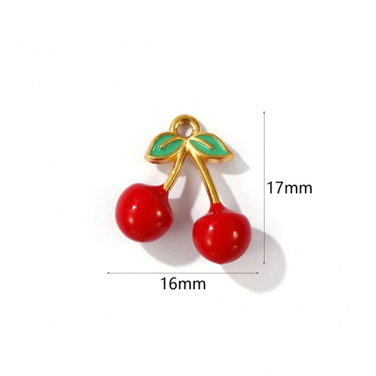 Picture of 1 Piece Eco-friendly PVD Vacuum Plating 304 Stainless Steel 3D Charms 18K Gold Plated Red Cherry Fruit Enamel 17mm x 16mm