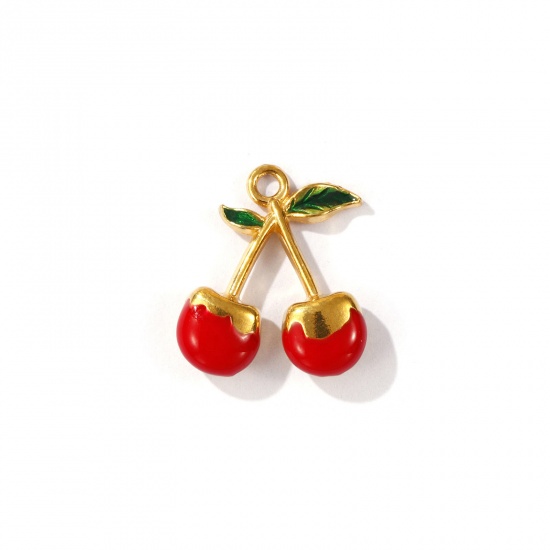 Picture of 1 Piece Eco-friendly PVD Vacuum Plating 304 Stainless Steel 3D Charms 18K Gold Plated Red Cherry Fruit Enamel 19mm x 16mm