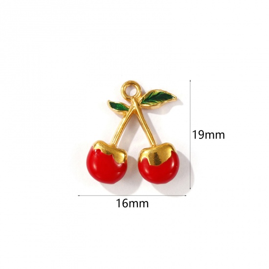 Picture of 1 Piece Eco-friendly PVD Vacuum Plating 304 Stainless Steel 3D Charms 18K Gold Plated Red Cherry Fruit Enamel 19mm x 16mm