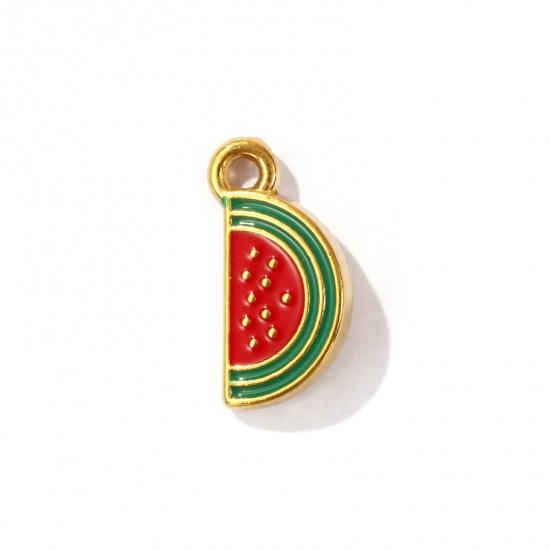 Picture of 1 Piece Eco-friendly PVD Vacuum Plating 304 Stainless Steel 3D Charms 18K Gold Plated Red & Green Watermelon Fruit Enamel 21mm x 11mm