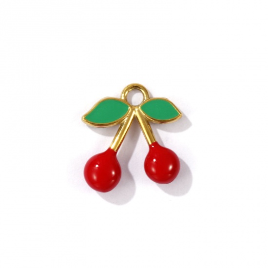 Picture of 1 Piece Eco-friendly PVD Vacuum Plating 304 Stainless Steel 3D Charms 18K Gold Plated Red & Green Cherry Fruit Enamel 15mm x 15mm
