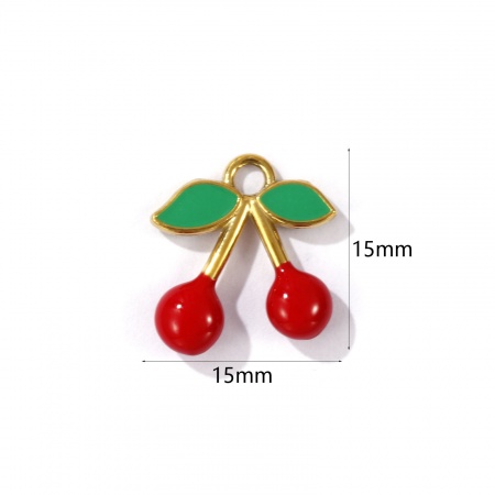 Imagen de 1 Unidad Recubrimiento al Vacío PVD Ecológico 304 Acero Inoxidable 3D Colgantes Chapado en Oro de 18K Rojo & Verde Cereza Esmalte 15mm x 15mm