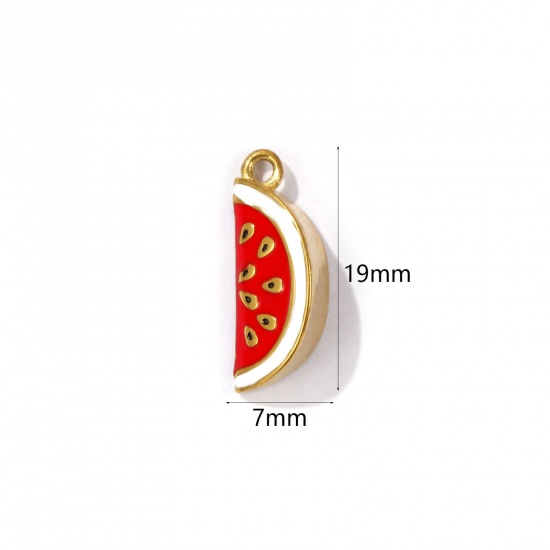 Picture of 1 Piece Eco-friendly PVD Vacuum Plating 304 Stainless Steel 3D Charms 18K Gold Plated Red Watermelon Fruit Enamel 19mm x 7mm
