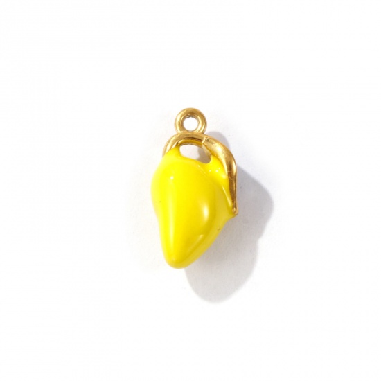 Picture of 1 Piece Eco-friendly PVD Vacuum Plating 304 Stainless Steel 3D Charms 18K Gold Plated Yellow Mango Fruit Enamel 16mm x 8mm