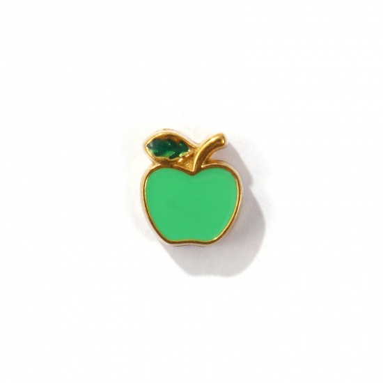 Picture of 1 Piece Eco-friendly PVD Vacuum Plating 304 Stainless Steel Beads For DIY Jewelry Making 18K Gold Plated Light Green Apple Fruit Enamel 10mm x 9mm, Hole: Approx 1.2mm