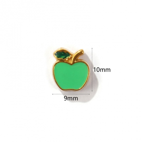 Picture of 1 Piece Eco-friendly PVD Vacuum Plating 304 Stainless Steel Beads For DIY Jewelry Making 18K Gold Plated Light Green Apple Fruit Enamel 10mm x 9mm, Hole: Approx 1.2mm