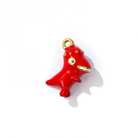 Picture of 1 Piece Eco-friendly PVD Vacuum Plating 304 Stainless Steel 3D Charms 18K Gold Plated Red Dinosaur Animal Enamel 14mm x 12mm
