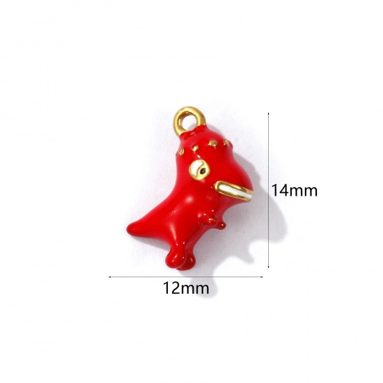 Picture of 1 Piece Eco-friendly PVD Vacuum Plating 304 Stainless Steel 3D Charms 18K Gold Plated Red Dinosaur Animal Enamel 14mm x 12mm