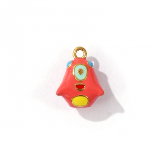 Picture of 1 Piece Eco-friendly PVD Vacuum Plating 304 Stainless Steel 3D Charms 18K Gold Plated Orange Pink Monster Enamel 14mm x 11mm