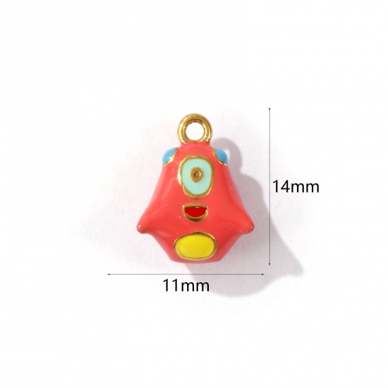 Picture of 1 Piece Eco-friendly PVD Vacuum Plating 304 Stainless Steel 3D Charms 18K Gold Plated Orange Pink Monster Enamel 14mm x 11mm