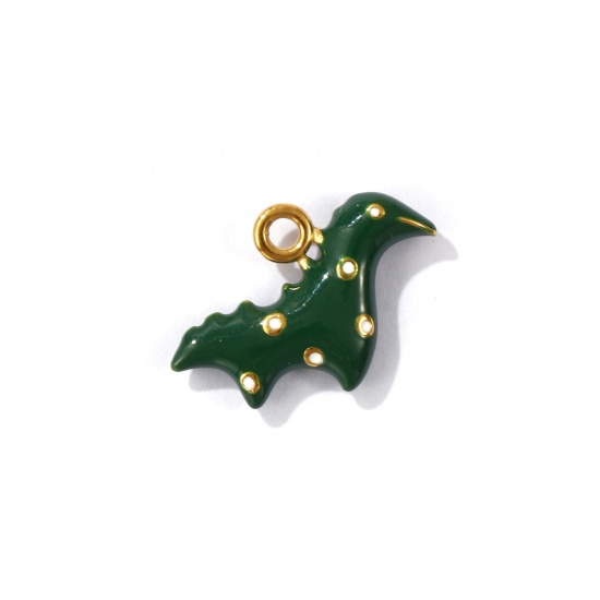 Picture of 1 Piece Eco-friendly PVD Vacuum Plating 304 Stainless Steel 3D Charms 18K Gold Plated Dark Green Dinosaur Animal Enamel 18mm x 12mm