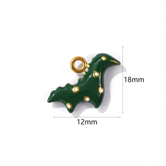 Picture of 1 Piece Eco-friendly PVD Vacuum Plating 304 Stainless Steel 3D Charms 18K Gold Plated Dark Green Dinosaur Animal Enamel 18mm x 12mm