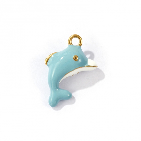 Picture of 1 Piece Eco-friendly PVD Vacuum Plating 304 Stainless Steel 3D Charms 18K Gold Plated Light Blue Dolphin Animal Enamel 20mm x 14mm