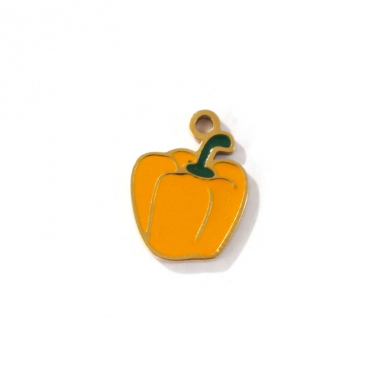 Picture of 2 PCs Eco-friendly PVD Vacuum Plating 304 Stainless Steel Charms 18K Gold Plated Orange Chili Enamel 13mm x 10mm