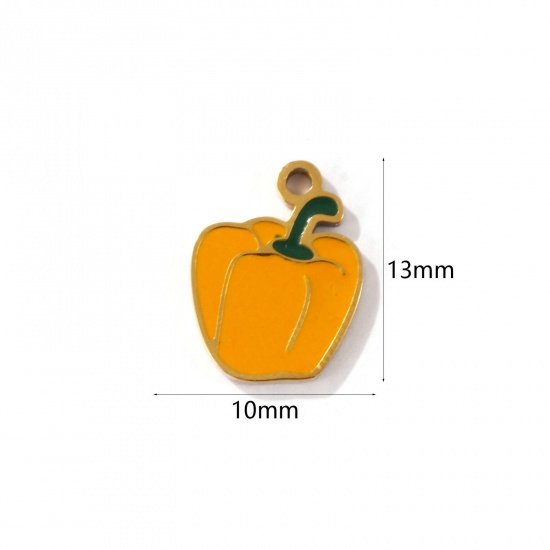 Picture of 2 PCs Eco-friendly PVD Vacuum Plating 304 Stainless Steel Charms 18K Gold Plated Orange Chili Enamel 13mm x 10mm