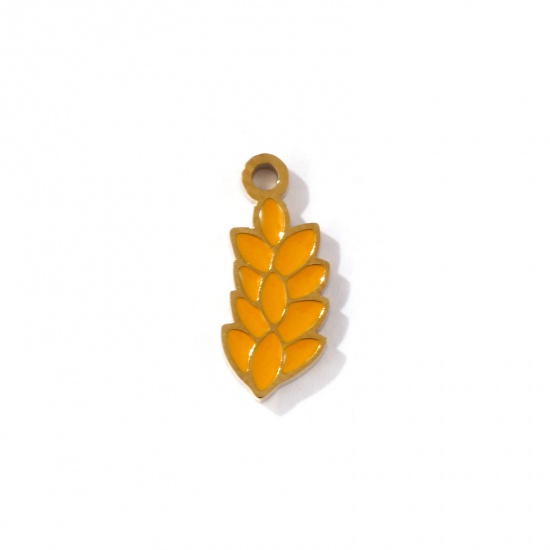 Picture of 2 PCs Eco-friendly PVD Vacuum Plating 304 Stainless Steel Charms 18K Gold Plated Orange Ear Of Wheat Enamel 14mm x 6mm