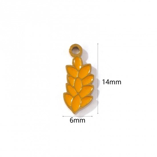 Picture of 2 PCs Eco-friendly PVD Vacuum Plating 304 Stainless Steel Charms 18K Gold Plated Orange Ear Of Wheat Enamel 14mm x 6mm